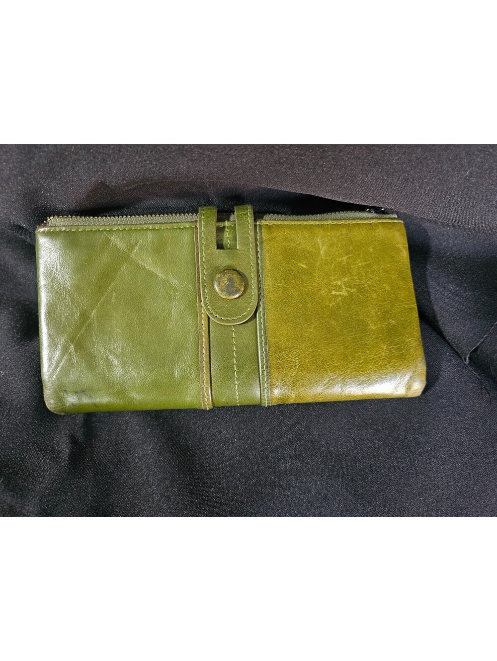 VTG Roulens Green Zip-Around Folding Wallet with ID Window Photo Holder Leather